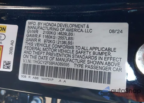 2024 Honda Accord Hybrid Ex-L z USA, uszkodzony, nr VIN 1HGCY2F68RA089595